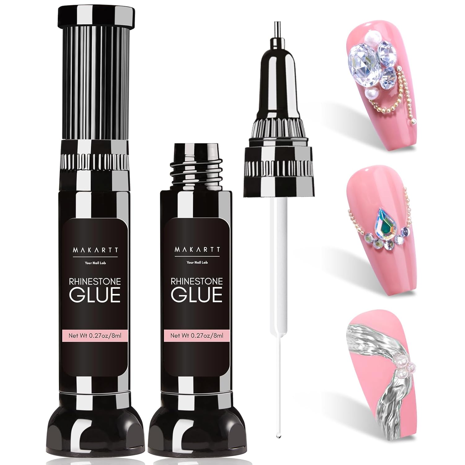 Makartt Pegamento de diamantes de imitación para uñas, pegamento de uñas de gel mejorado con punta de pincel
