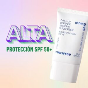 innisfree Protector solar mineral Daily Defense UV de amplio espectro SPF 45 con ácido hialurónico, protector solar coreano para rostro con tinte verde corrector de color
