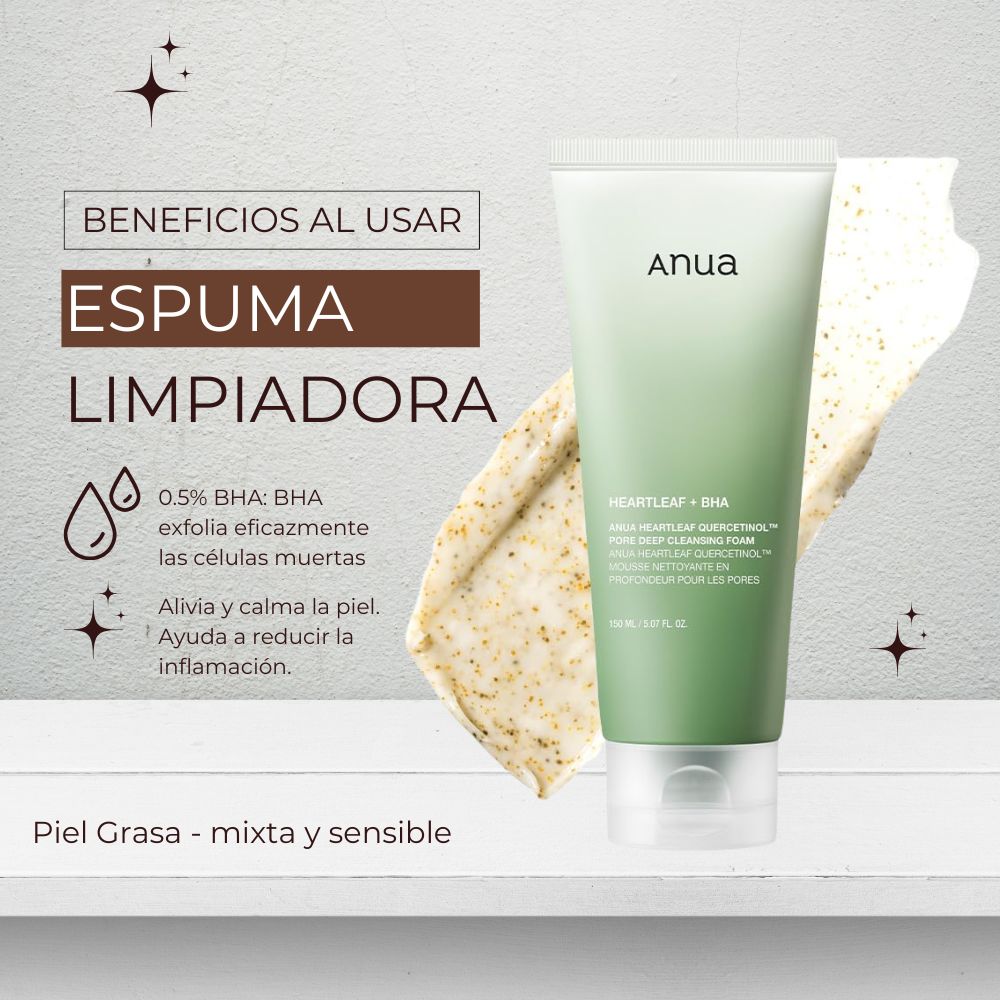 ANUA Heartleaf - Espuma limpiadora profunda de poros de quercetinol, limpiador facial, para doble limpieza, BHA